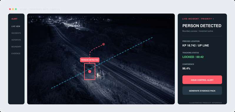Security concept interface illustrating an observation beside a railway corridor and a location-linked evidence panel