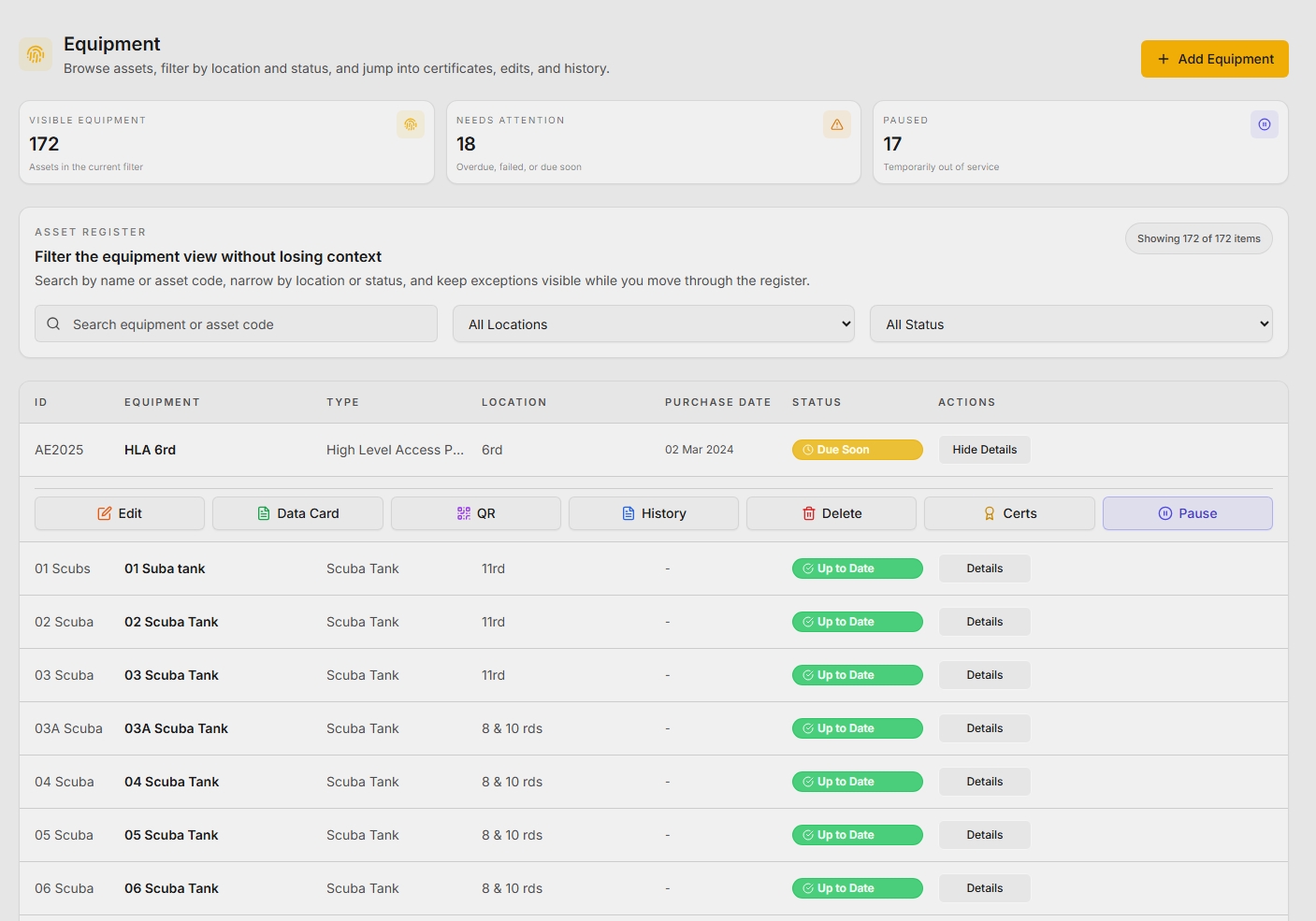 Artemis asset register view showing work bank creation, maintenance checks, and QR and RFID asset tracking