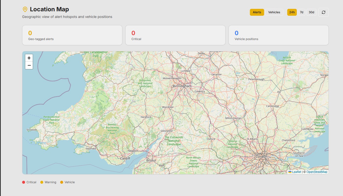 Atom Location Map showing geographic view of alert hotspots and vehicle positions across England and Wales