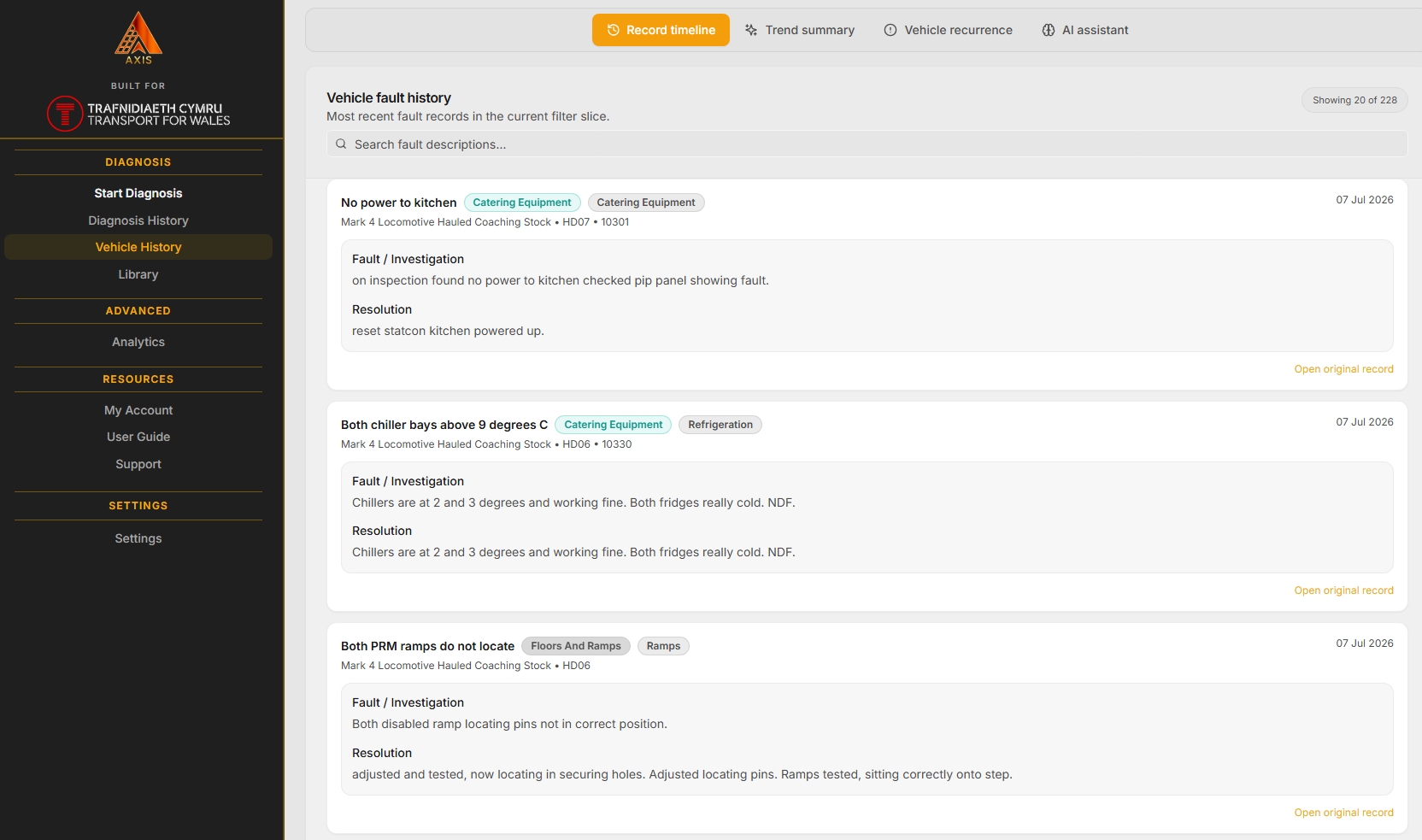 Axis real-time fault history and log showing live asset fault records and event timeline