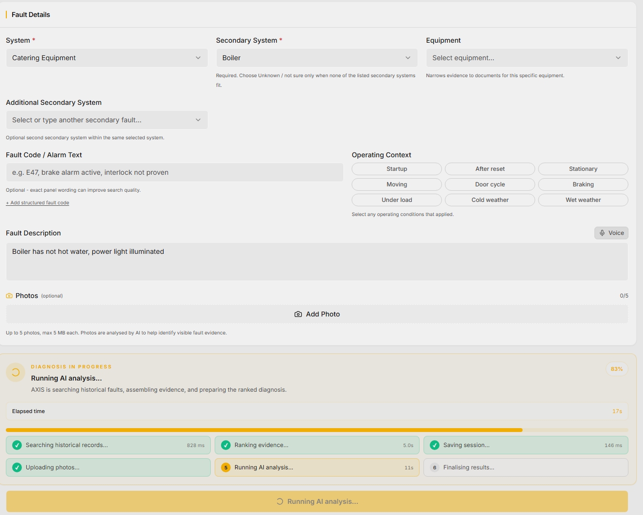 Axis AI fault prediction view showing failure probability scores and risk-ranked asset fault queue