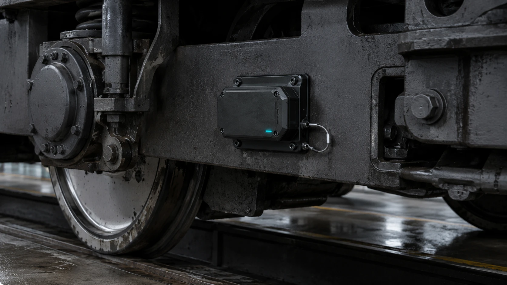 Illustration of a Train Node sensing unit mounted on a railway bogie