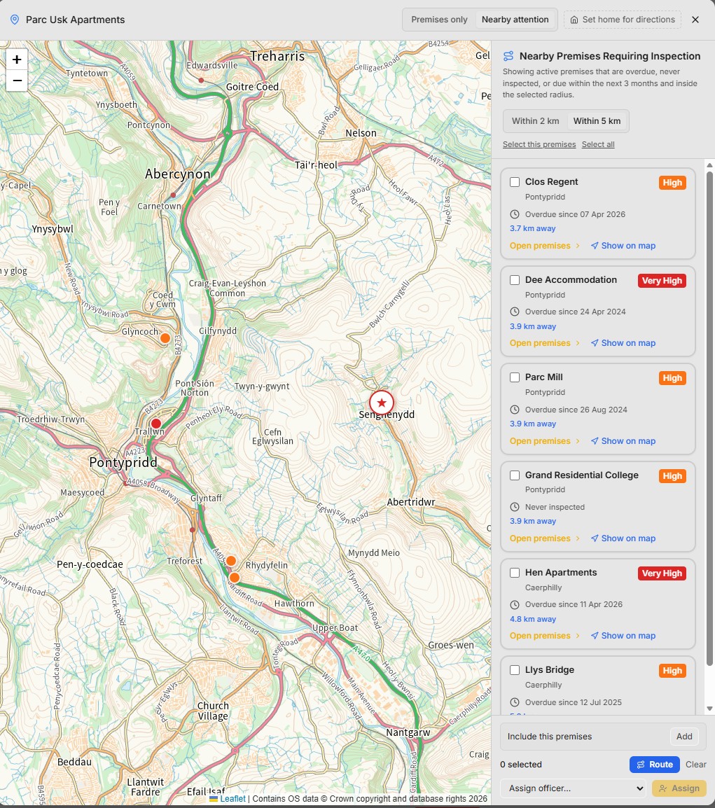 PRISM map view showing nearby premises requiring inspection with routing tools