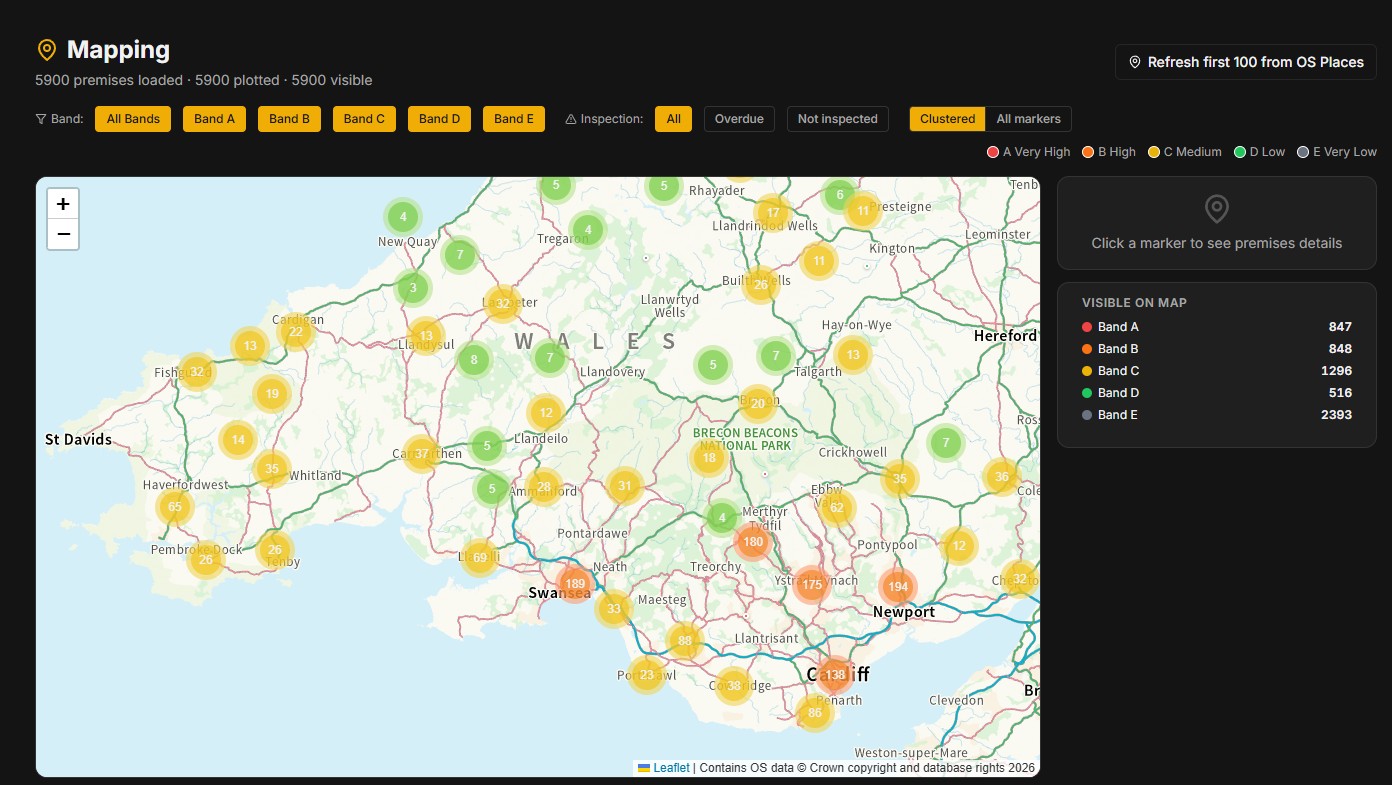 PRISM live mapping view showing premises across Wales by risk band