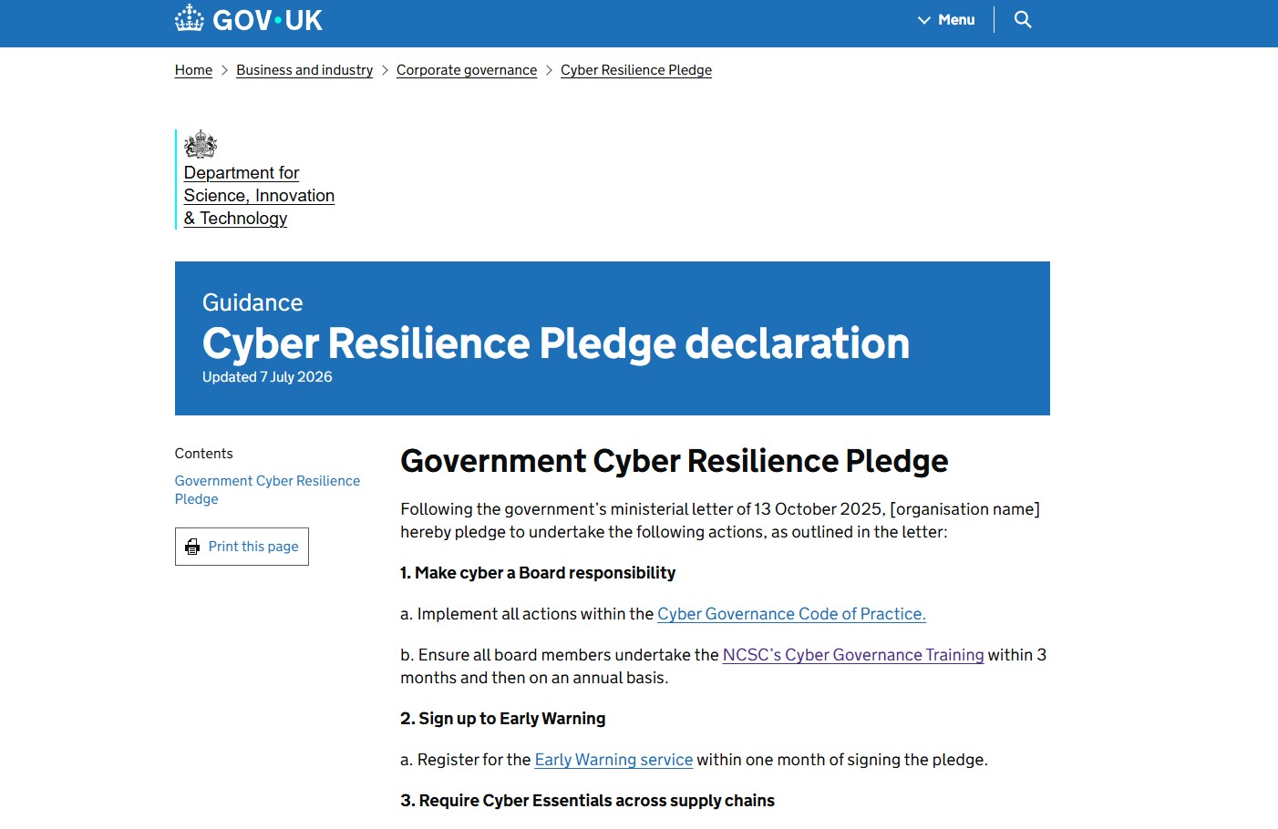 UK Government Cyber Resilience Pledge signed by Apexiar