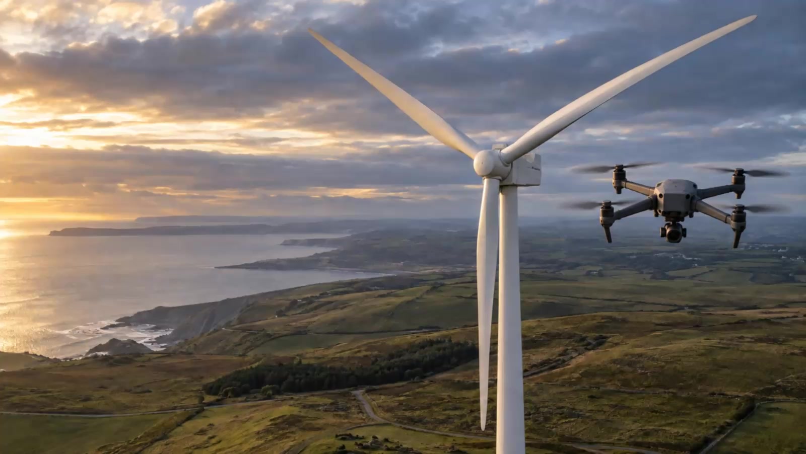 Illustrative drone approach to a coastal wind turbine